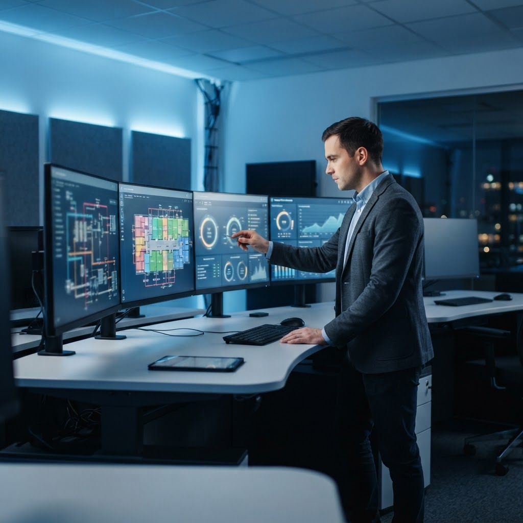 Engineer reviewing HVAC and building automation dashboards in a control room